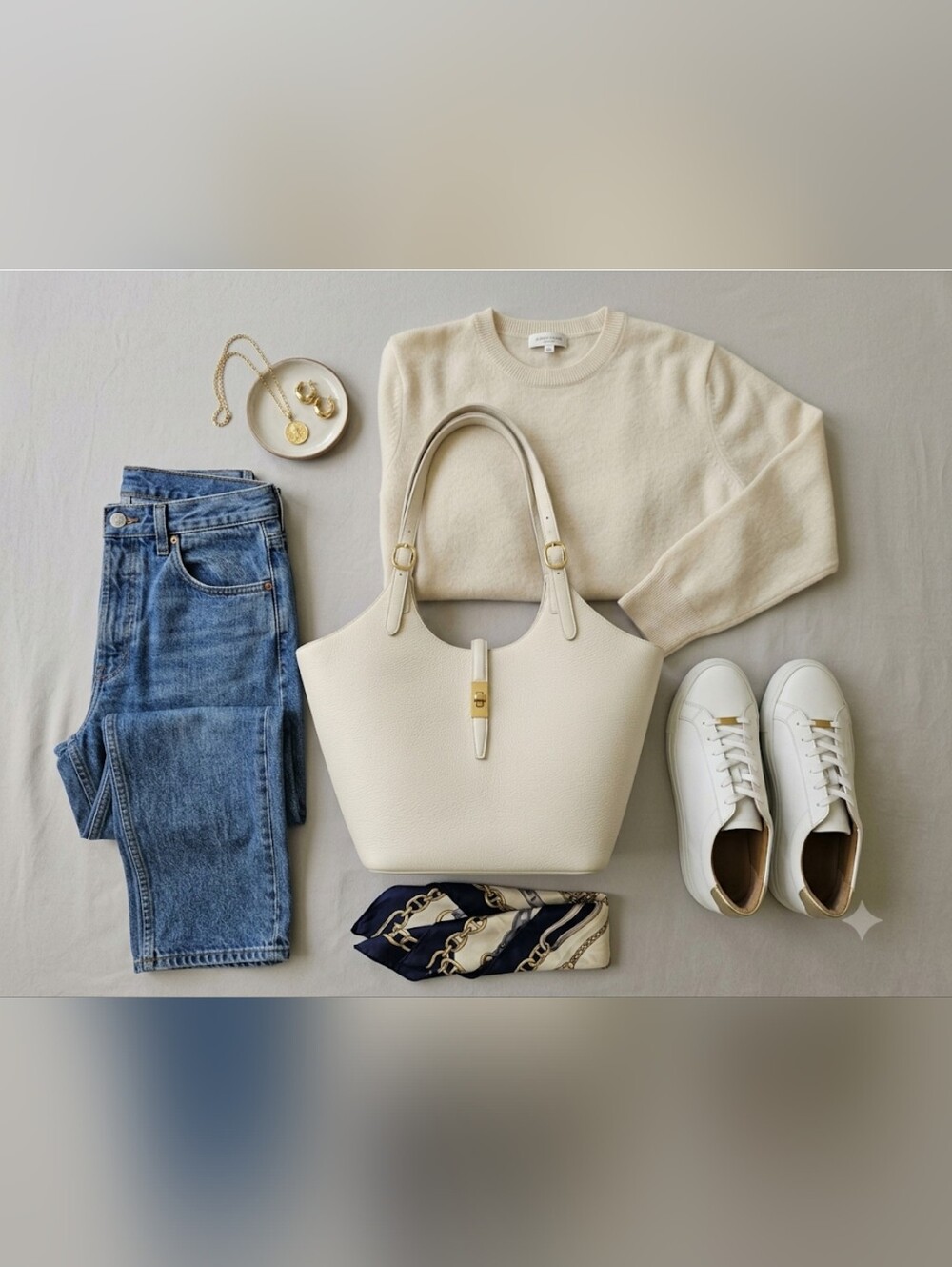 Miztique Minimalist Cream Pebbled Faux Leather Tote Bag with Gold Hardware